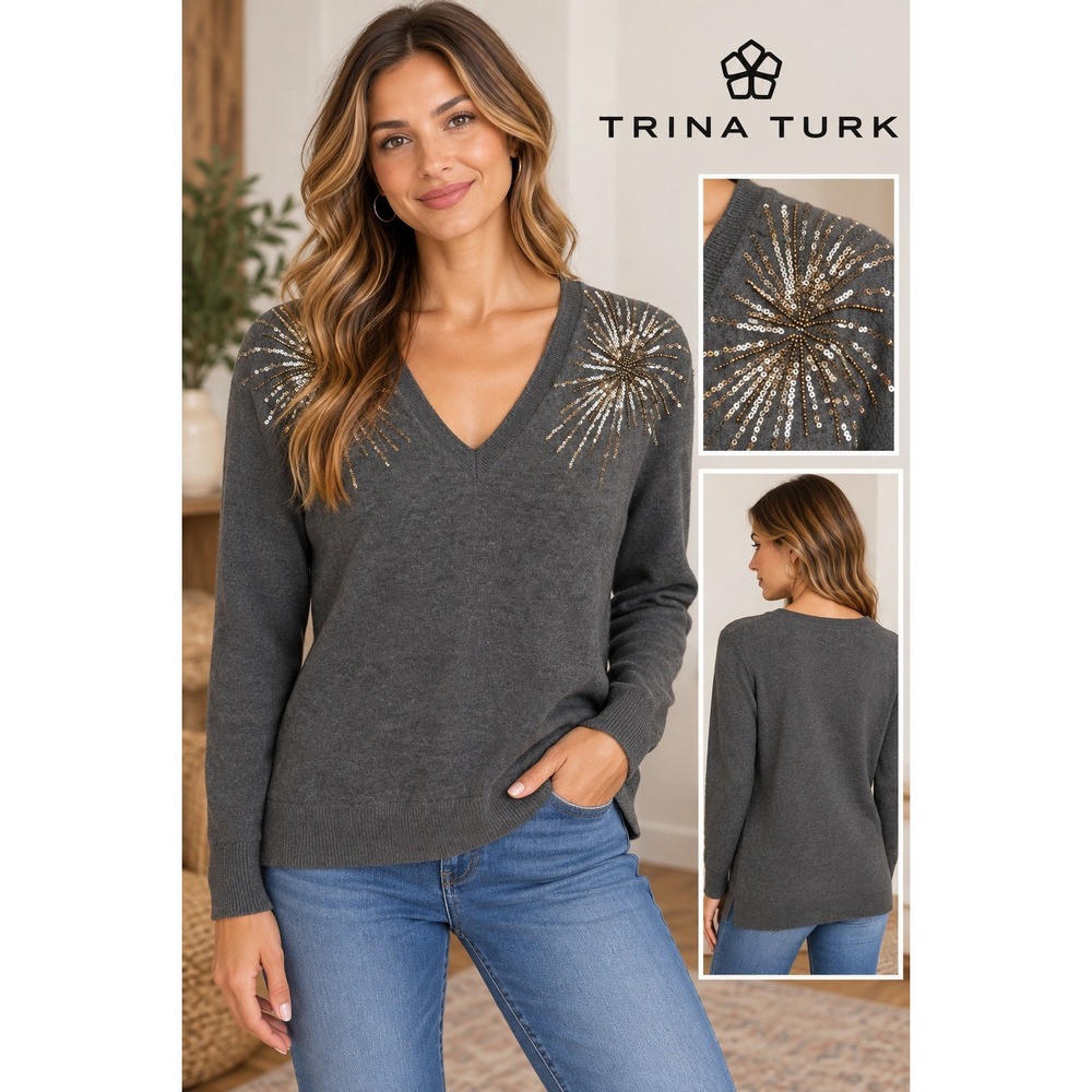 Trina Turk Womens Gray Merino Wool Sequin Sunburst V-Neck Sweater Size Medium